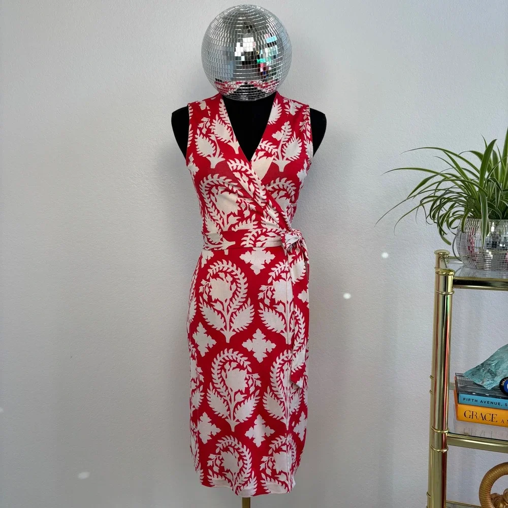 Diane von Furstenberg Yahzi Silk Wrap Dress, Sleeveless Floral | Size 4 Red 70s